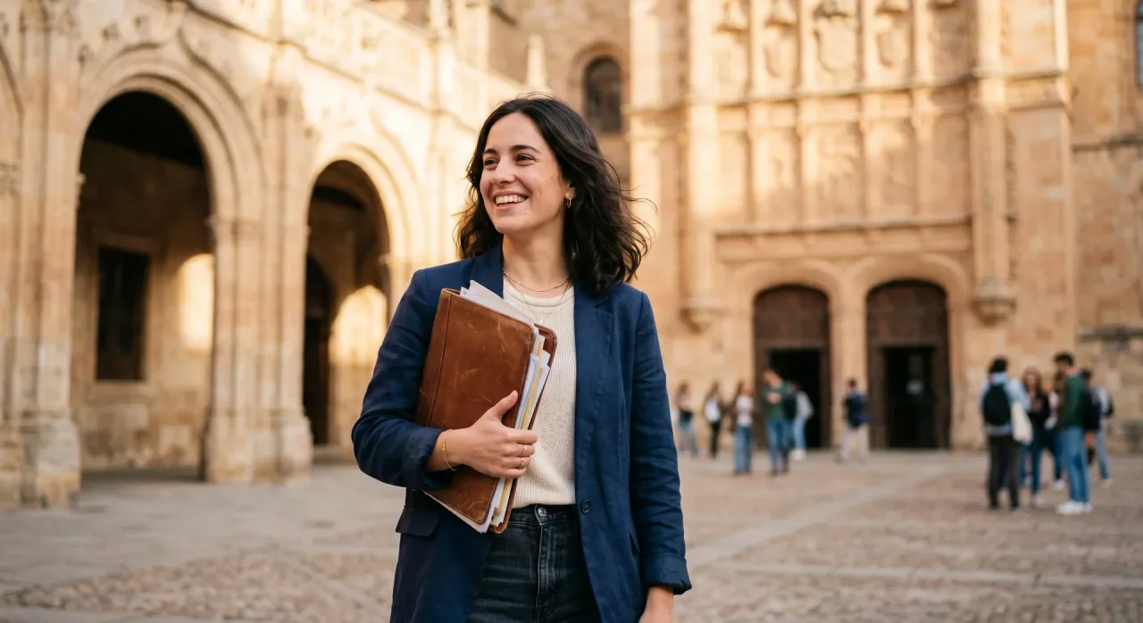International student smiling in front of the University of Salamanca