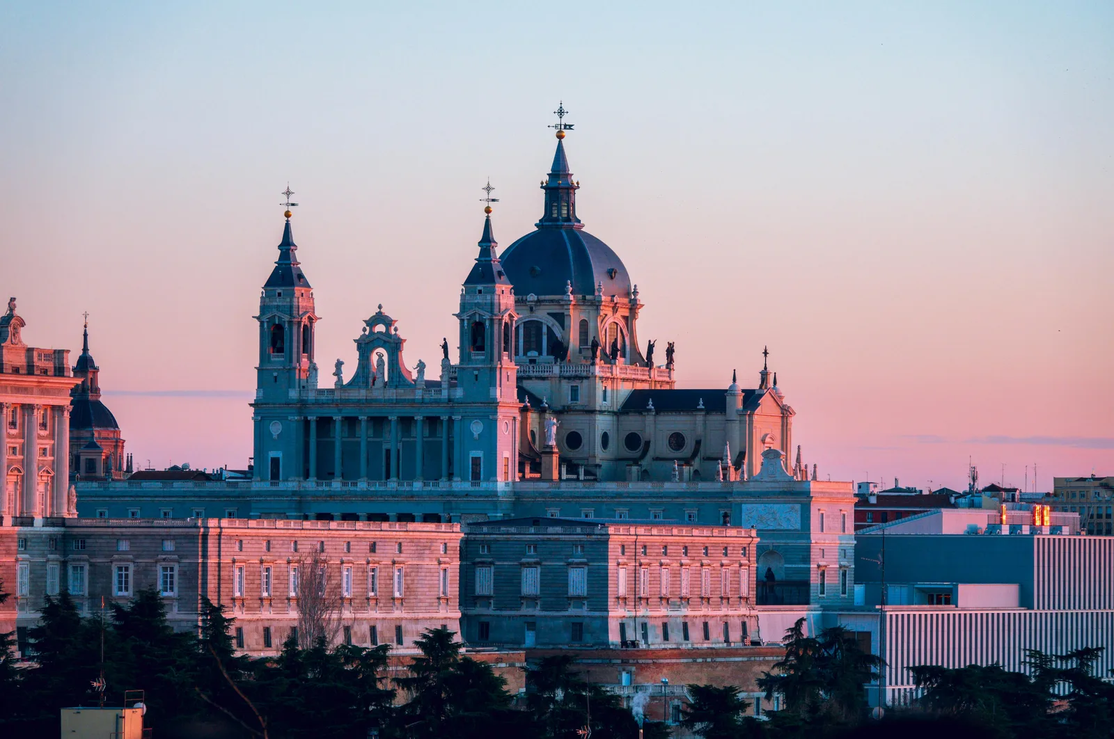 Almudena Cathedral and Royal Palace of Madrid at sunset